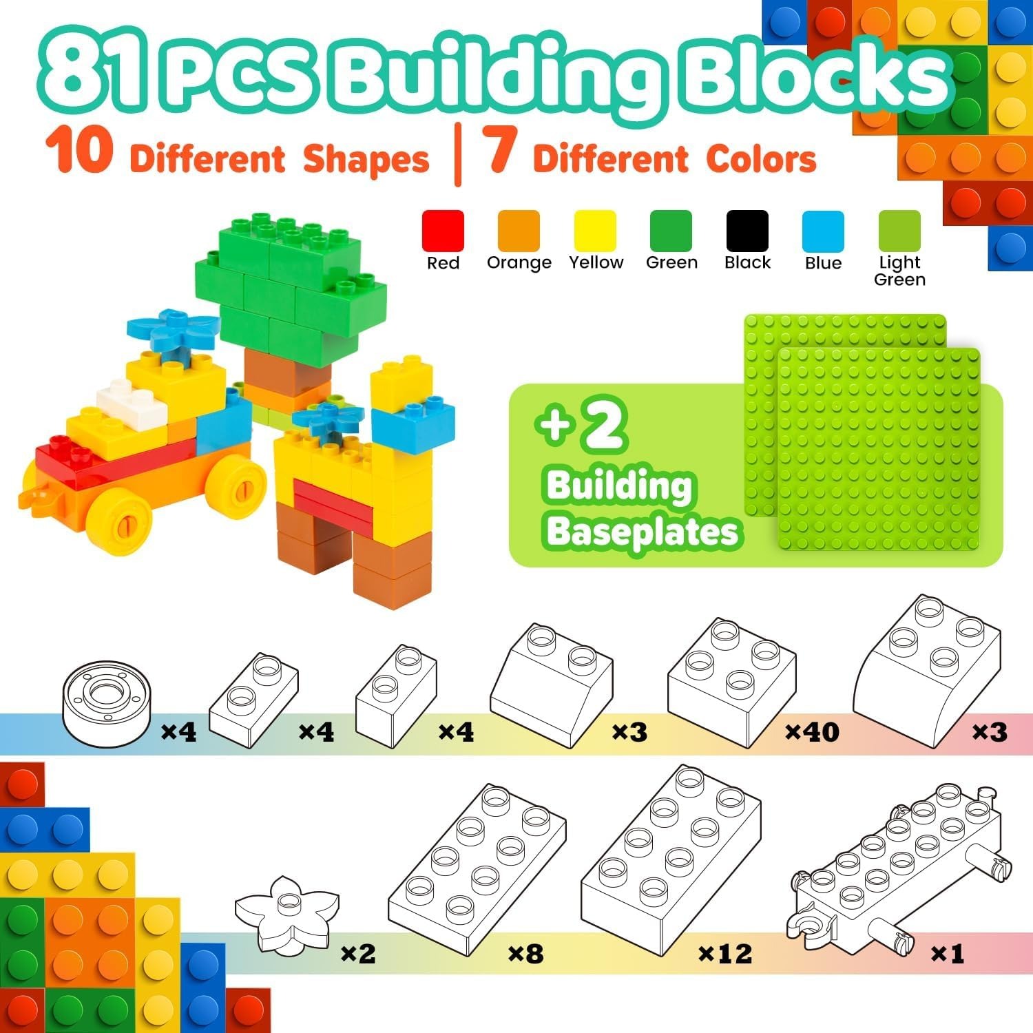 Large Building Blocks 81 Piece Set with Base Plates