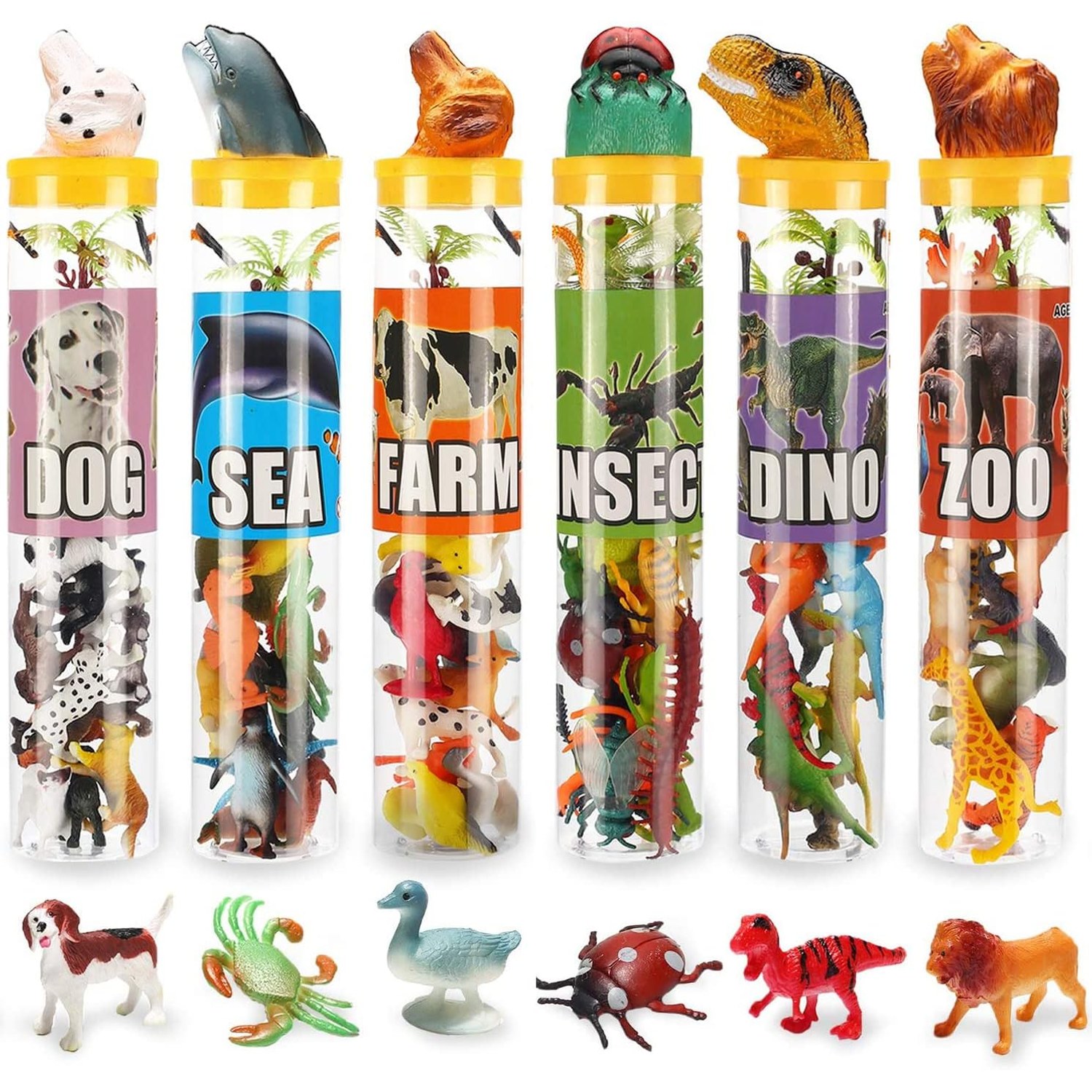 82 Piece Mini Animal Figures Set with Six Storage Tubes