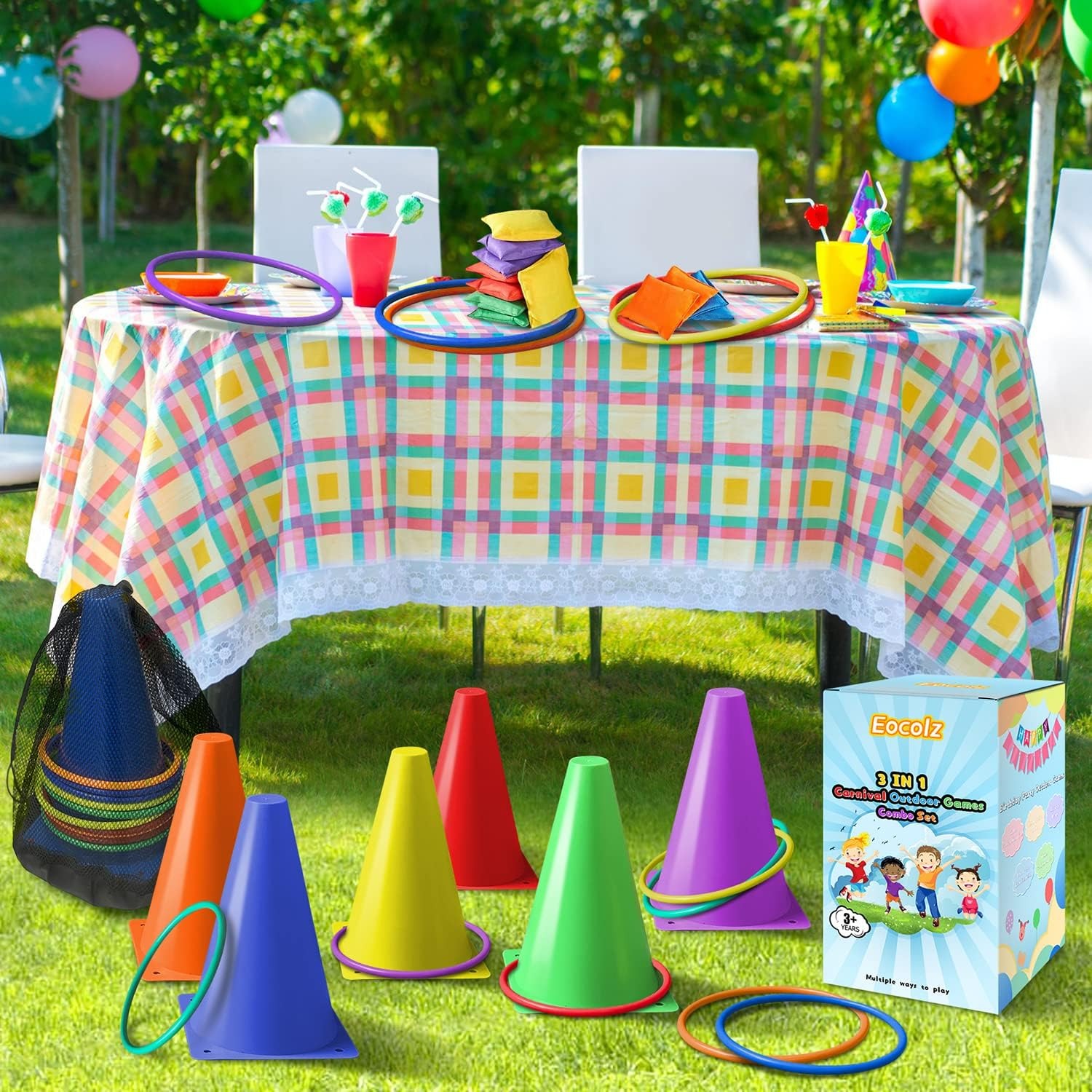 3-in-1 Carnival Games Set with Cones, Rings and Bean Bags