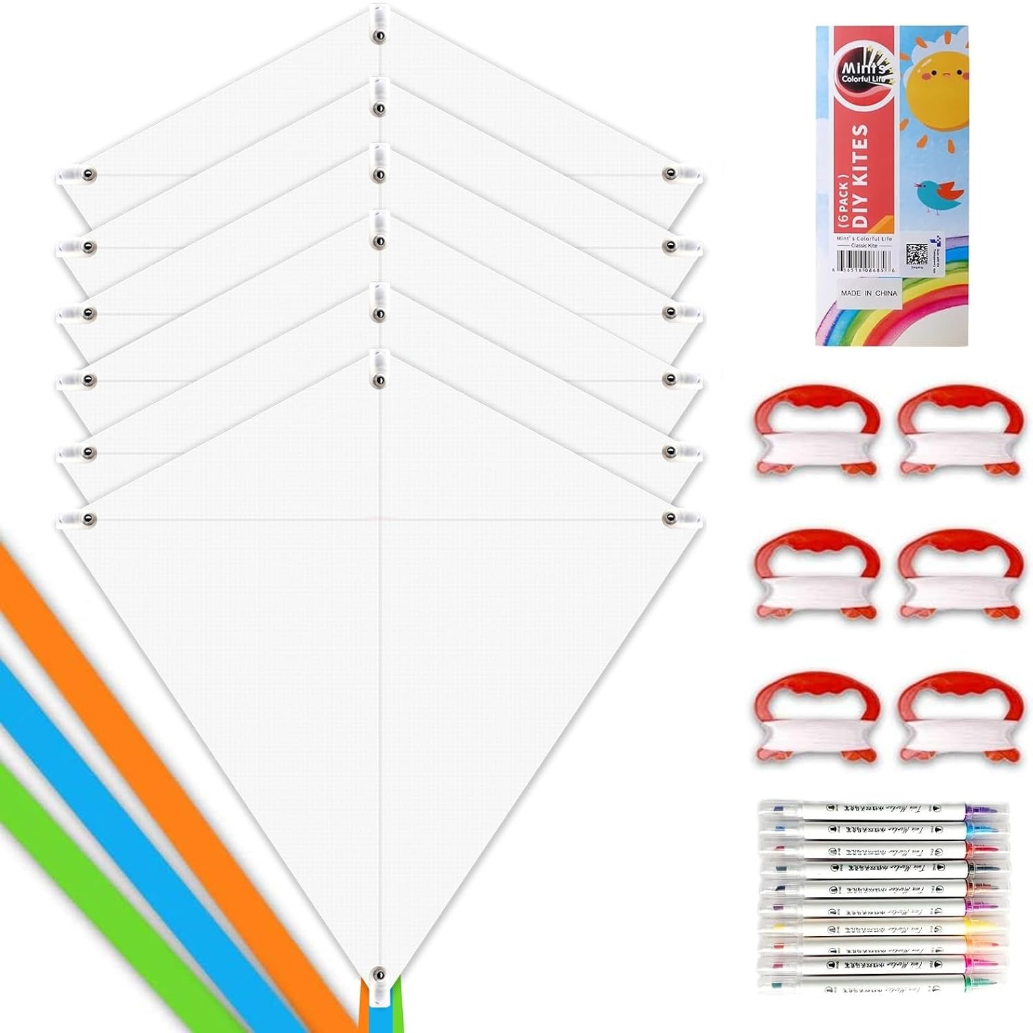 DIY Kite Making Kit (6 Blank Diamond Kites, Markers & Tails)