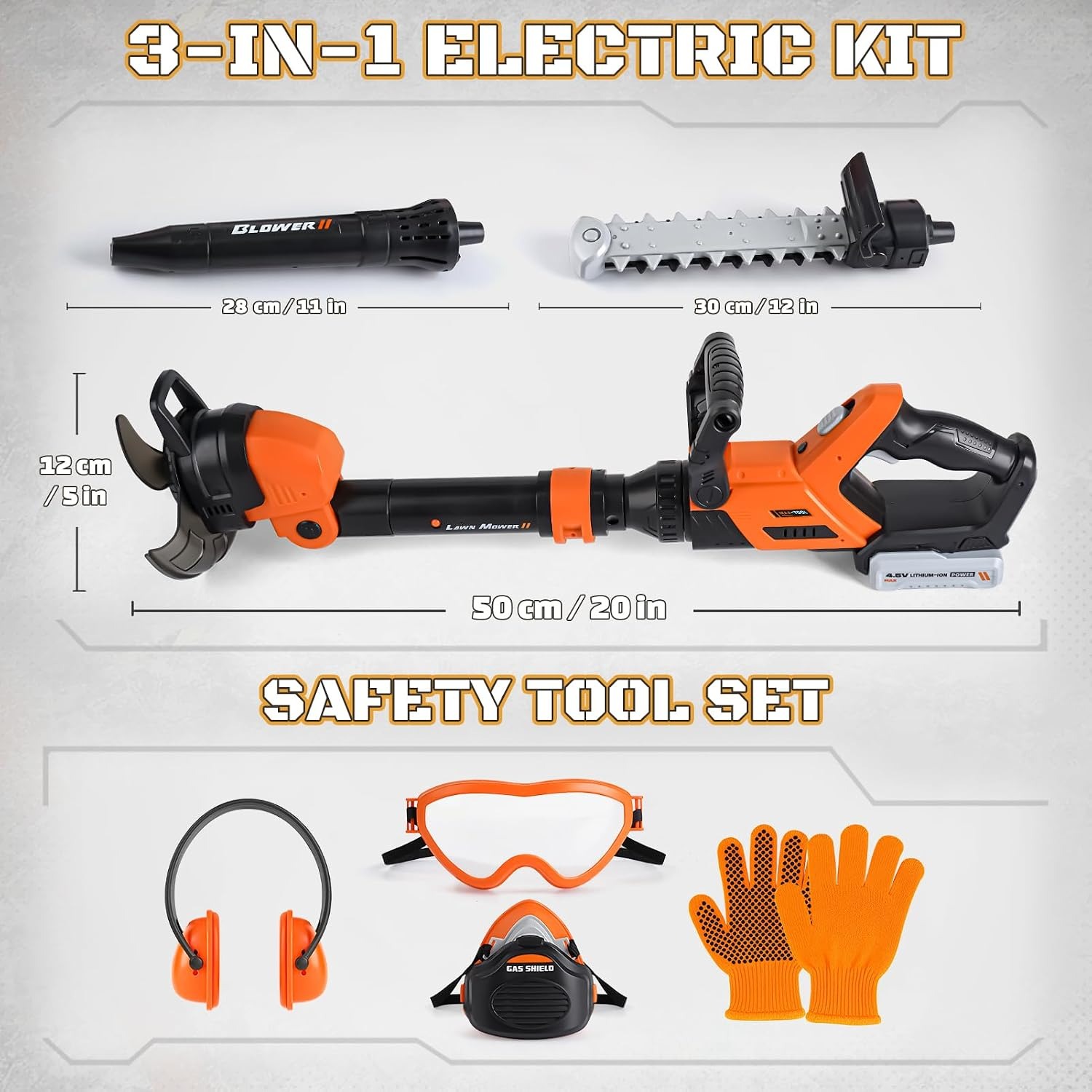 Kids Garden Tool Toy Set with Lawn Mower, Leaf Blower and Safety Gear