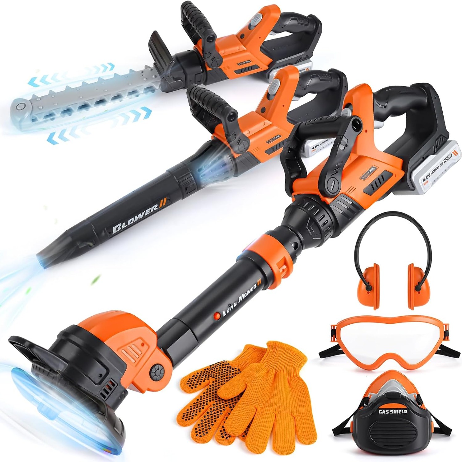 Kids Garden Tool Toy Set with Lawn Mower, Leaf Blower and Safety Gear