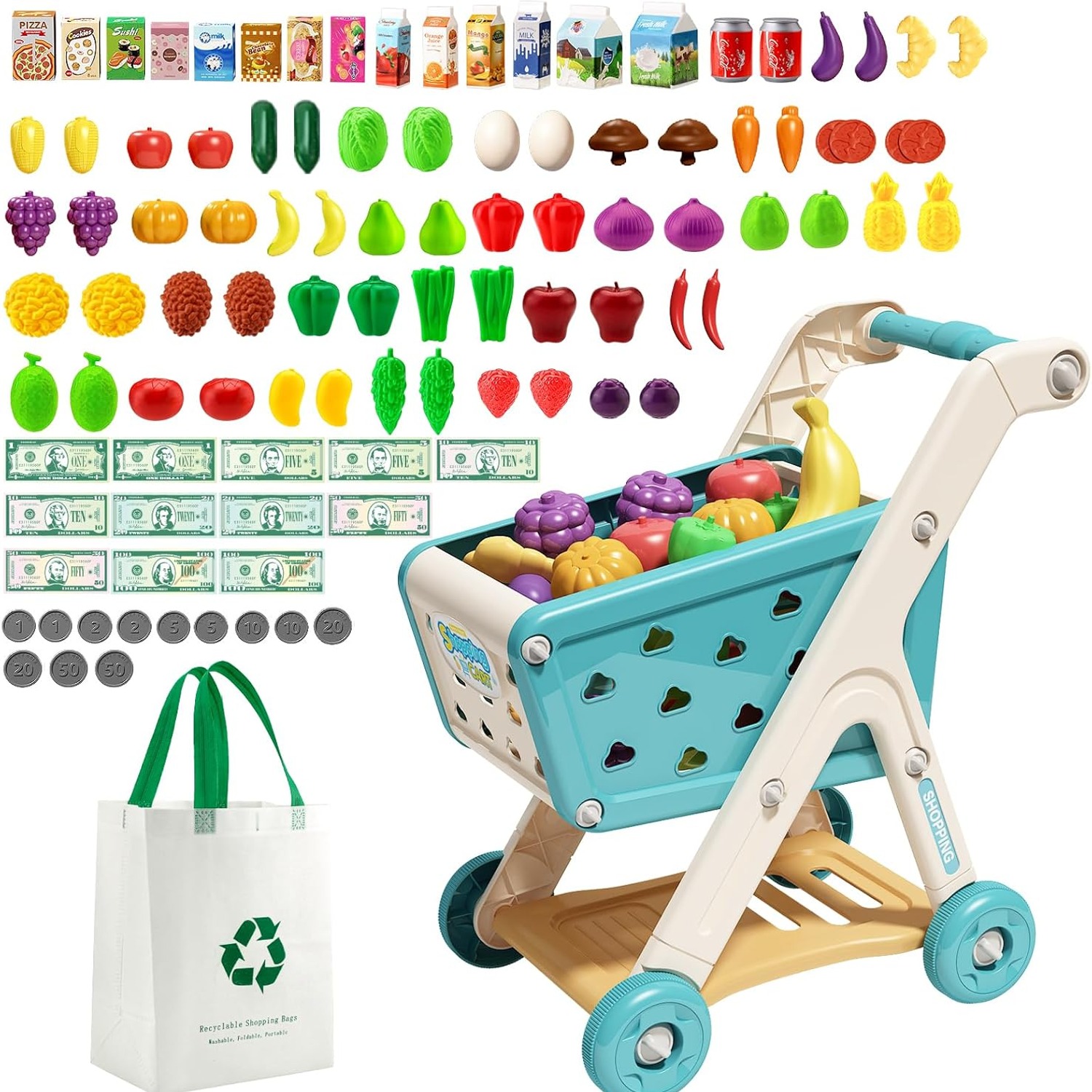 Kids Shopping Trolley Play Set with 102 Pieces