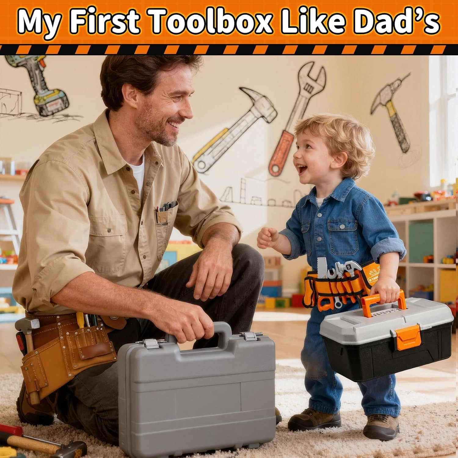 50-Piece Kids Tool Belt Set with Toy Drill and Tool Box