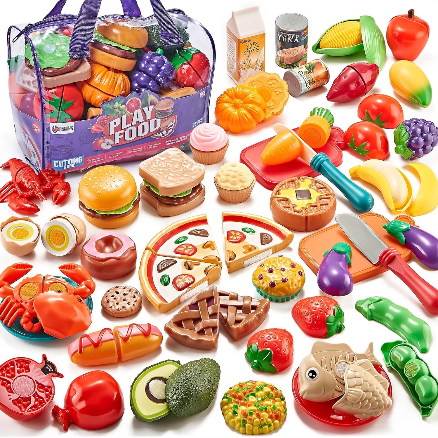 78 Piece Play Food Set with Cutting Fruit, Pots and Storage Bag