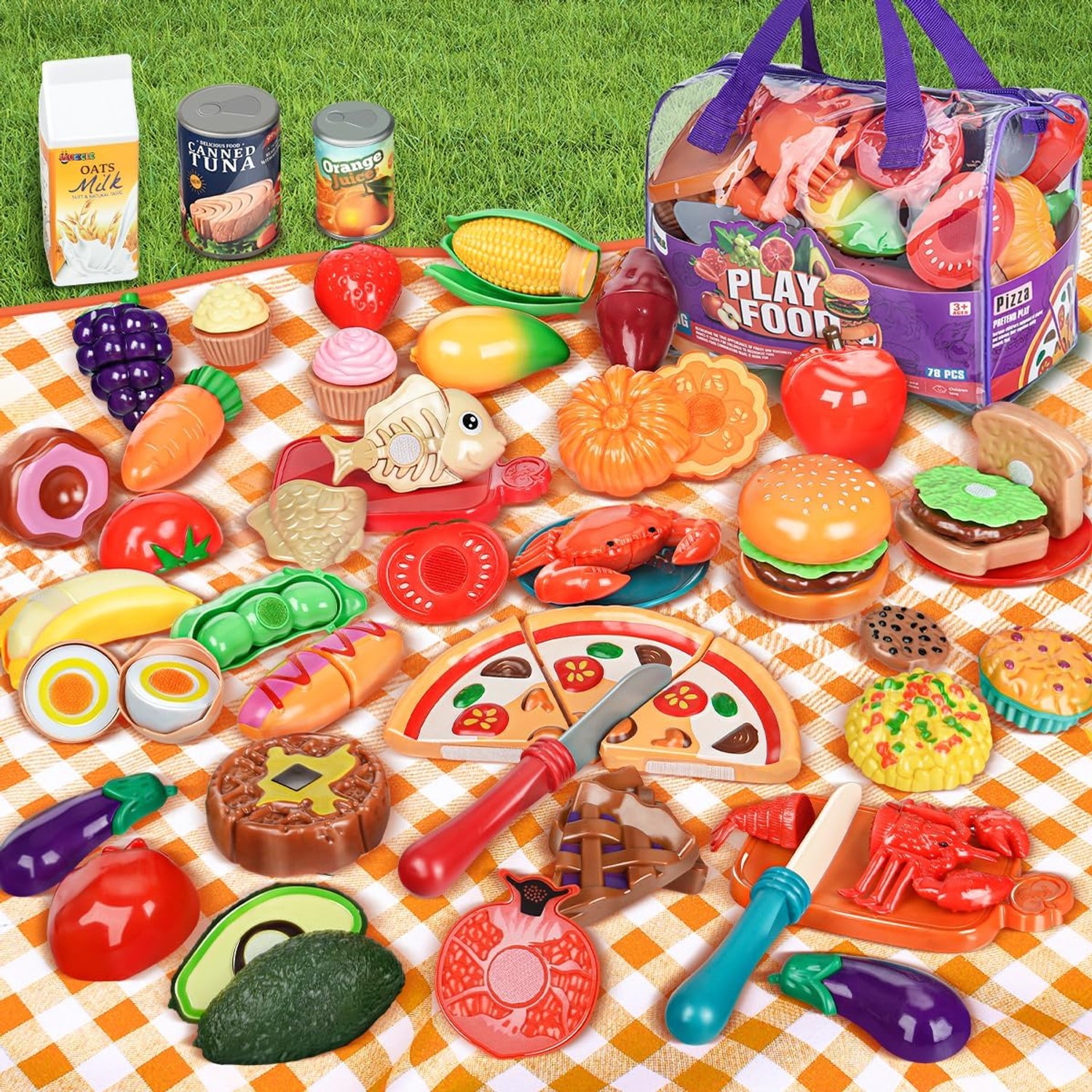 78 Piece Play Food Set with Cutting Fruit, Pots and Storage Bag