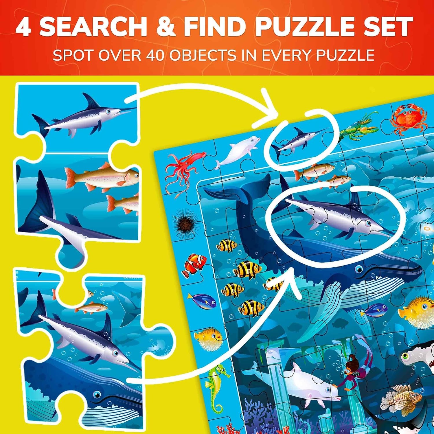 100 Piece Puzzles 4 Pack with Dinosaurs, Ocean and Forest Animals