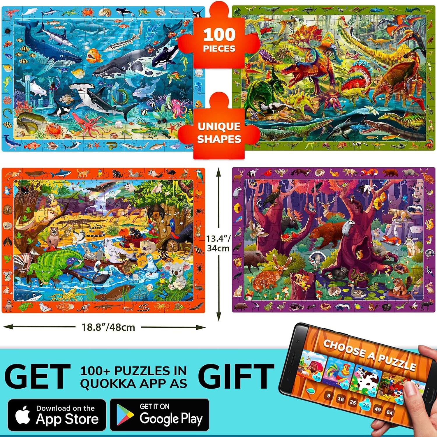 100 Piece Puzzles 4 Pack with Dinosaurs, Ocean and Forest Animals