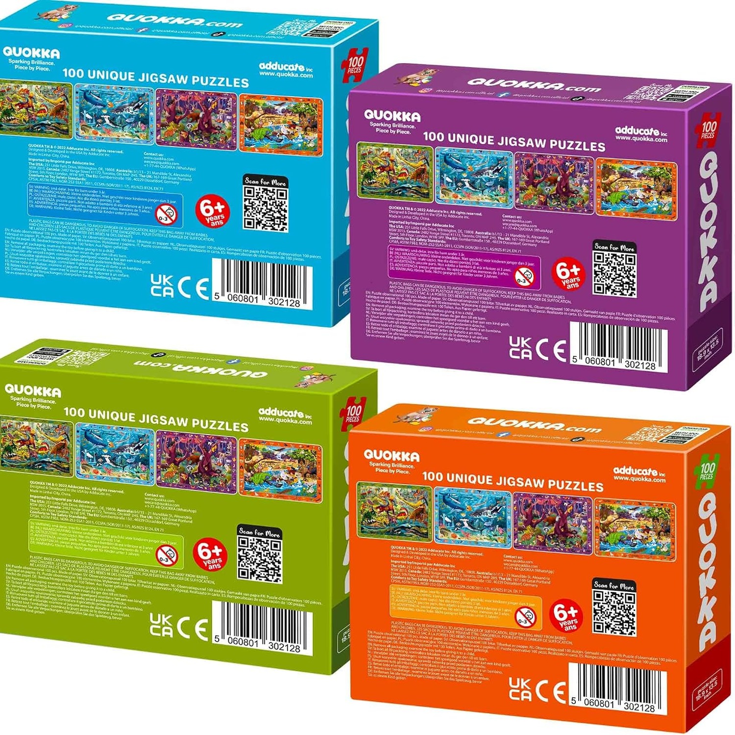 100 Piece Puzzles 4 Pack with Dinosaurs, Ocean and Forest Animals