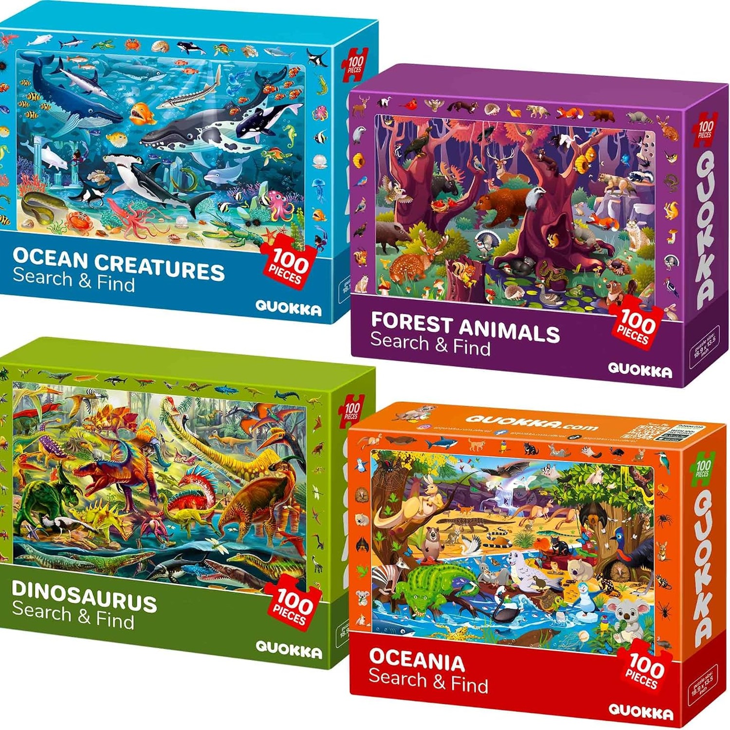 100 Piece Puzzles 4 Pack with Dinosaurs, Ocean and Forest Animals