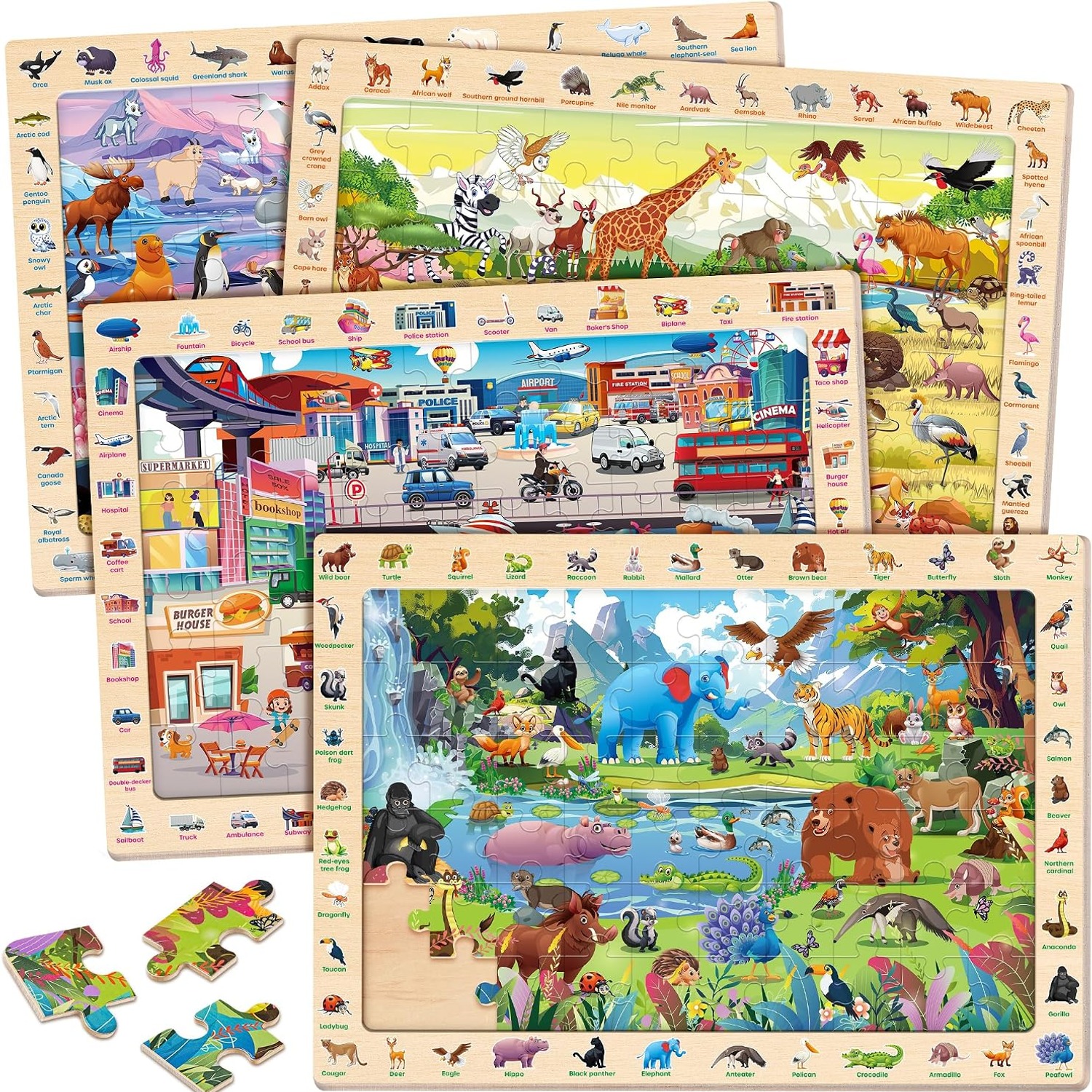 Wooden Animal Puzzles 4 Pack (60 Pieces)