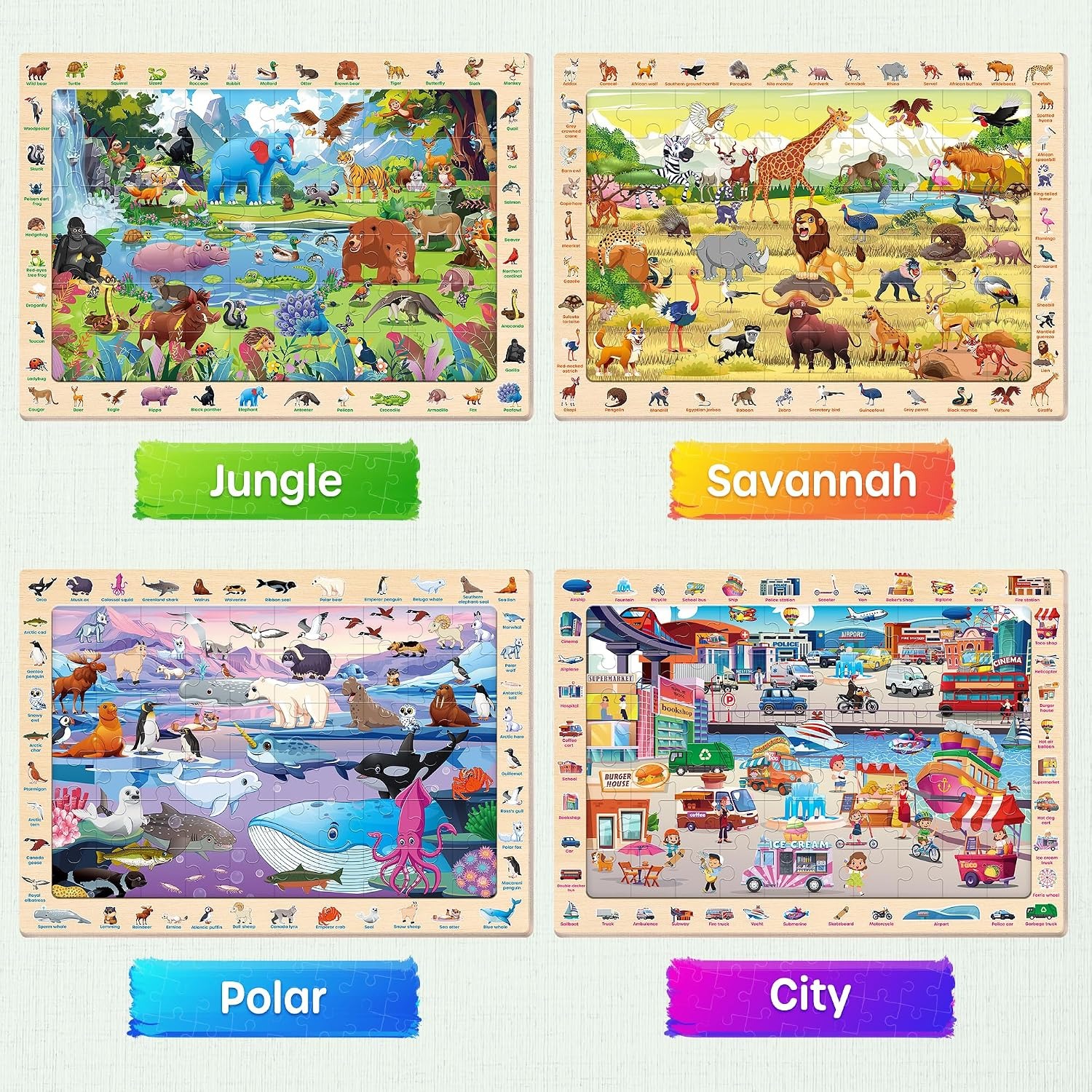 Wooden Animal Puzzles 4 Pack (60 Pieces)