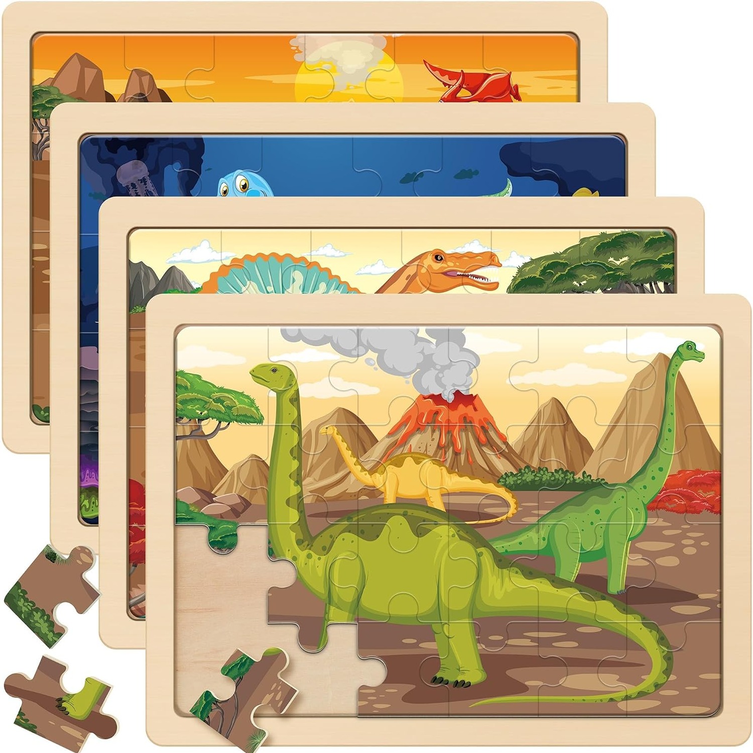 Wooden Dinosaur Puzzles 4-Pack (96 Pieces)