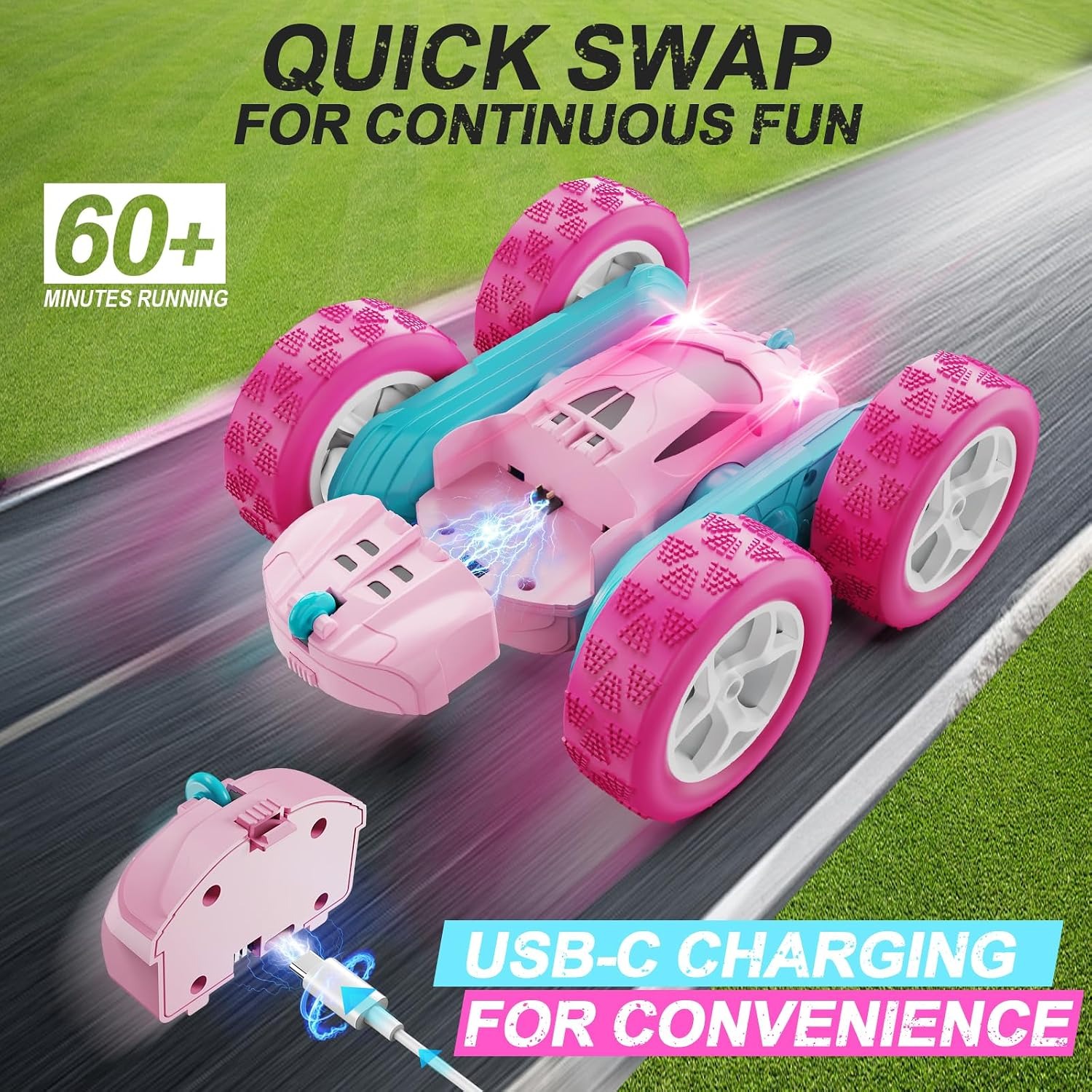 Pink RC Stunt Car with Double Sided 360 Spin