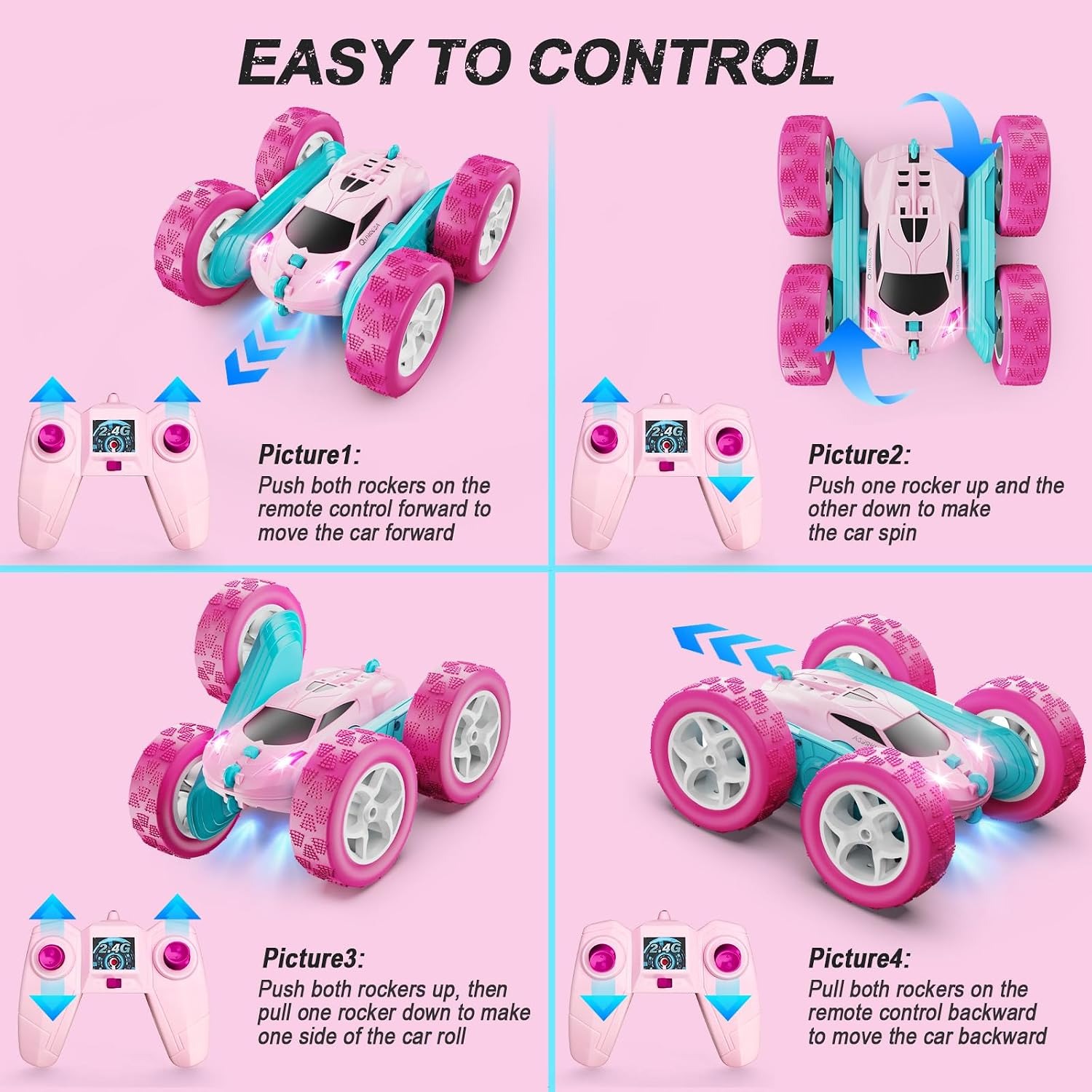 Pink RC Stunt Car with Double Sided 360 Spin