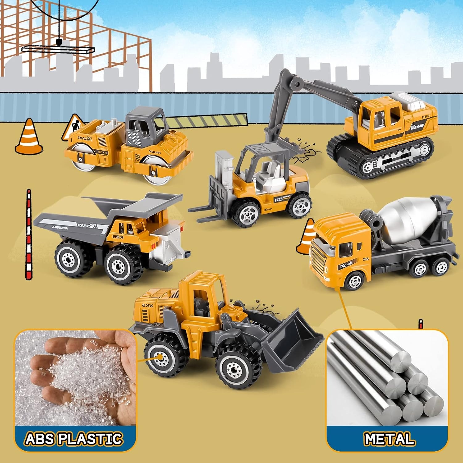 Metal Construction Vehicles 6 Pack Die-Cast Toy Set