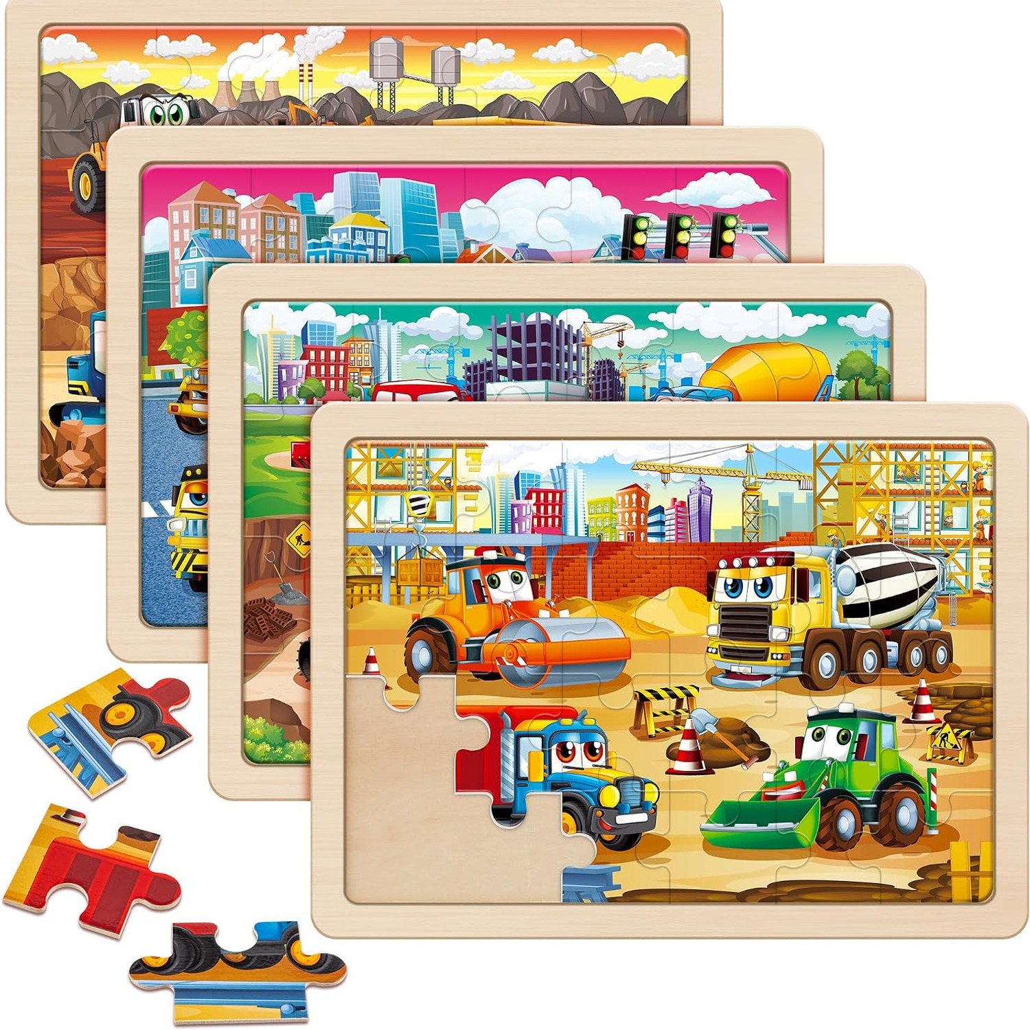 Wooden Construction Vehicle Puzzles, 4-Pack Jigsaw Set