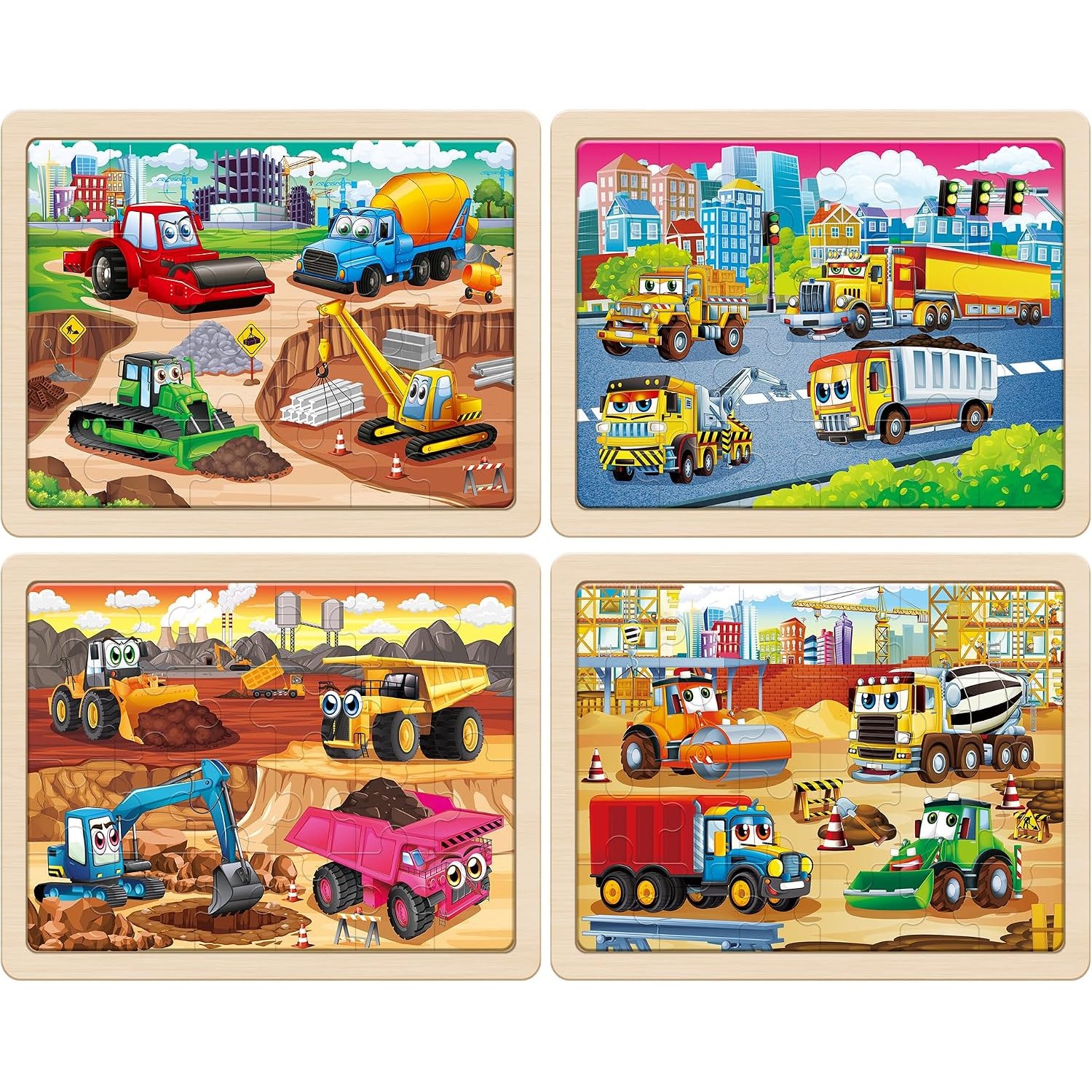 Wooden Construction Vehicle Puzzles, 4-Pack Jigsaw Set