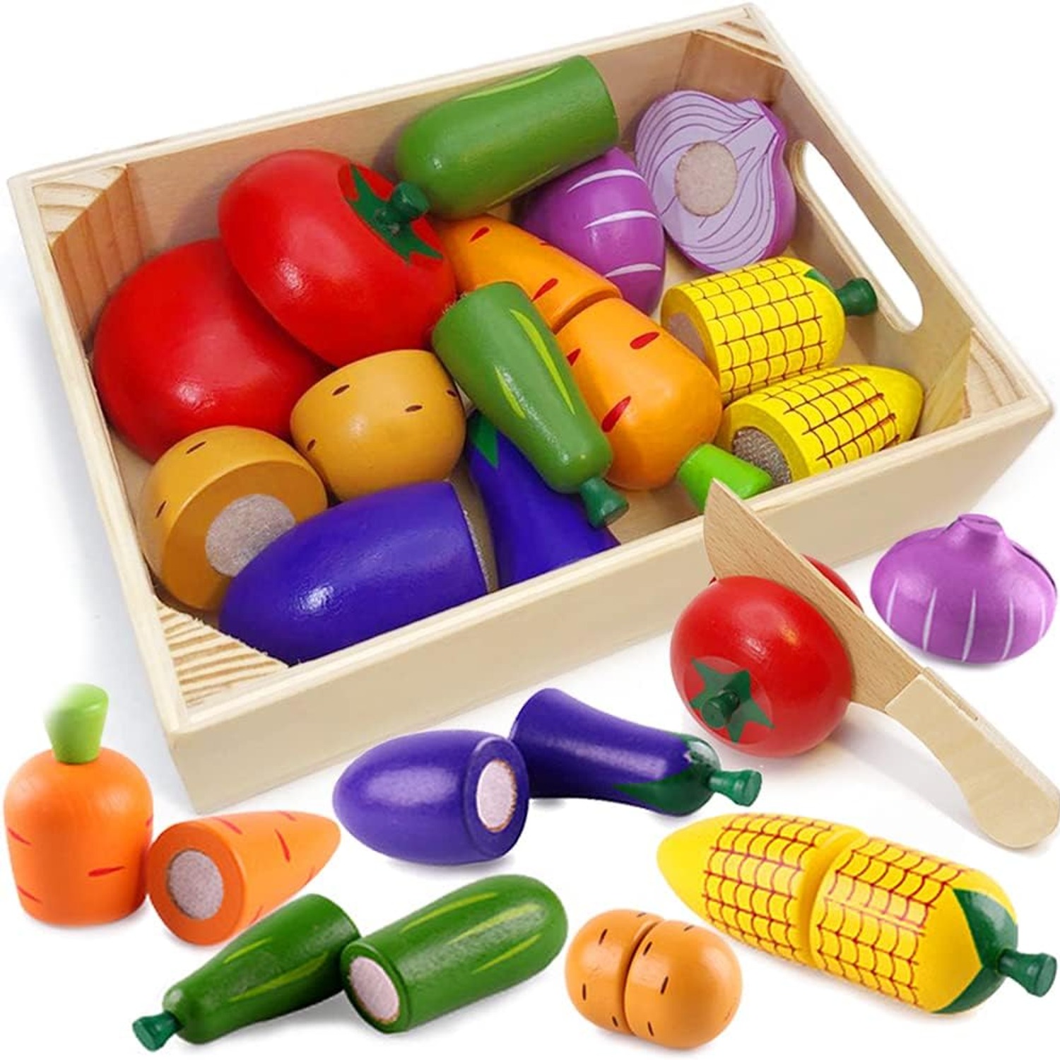 Wooden Cutting Play Food Set with Knife and Storage Box