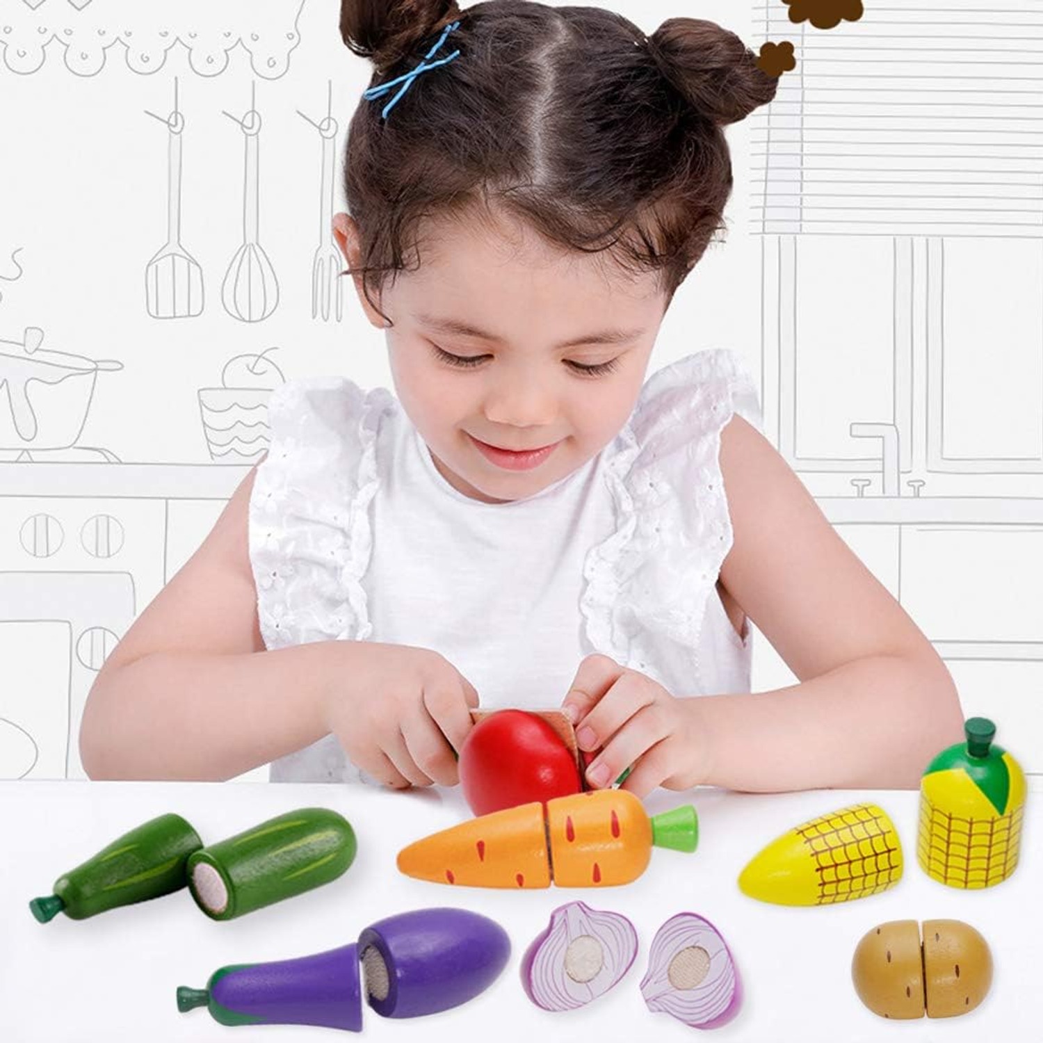 Wooden Cutting Play Food Set with Knife and Storage Box