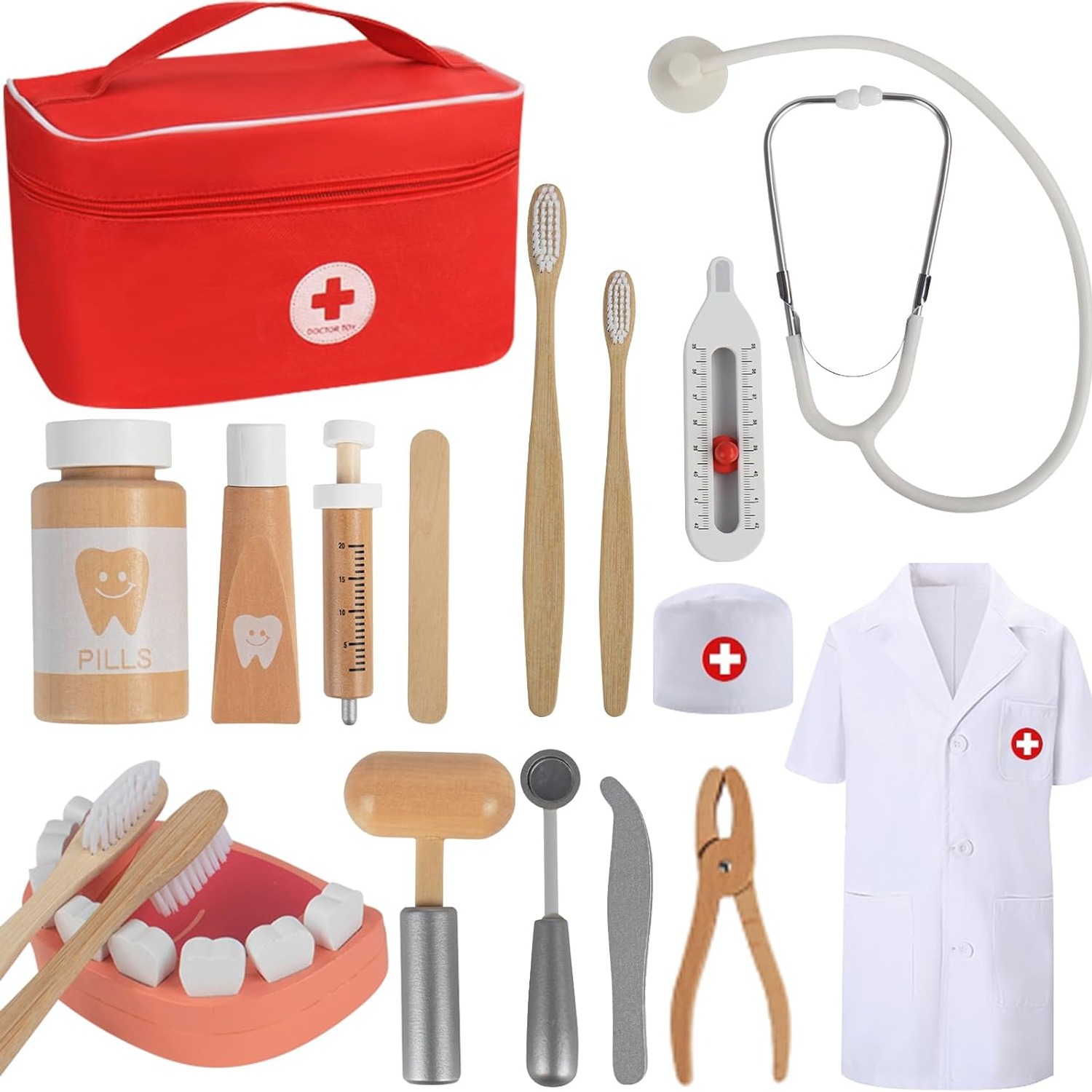 Wooden Doctor Play Set with Stethoscope, Coat and Carry Bag