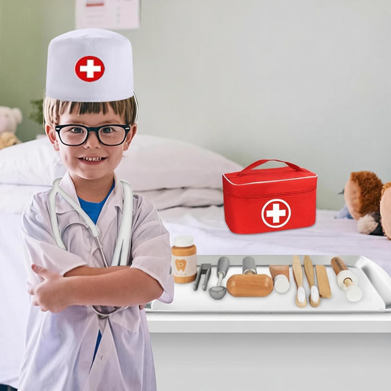 Wooden Doctor Play Set with Stethoscope, Coat and Carry Bag