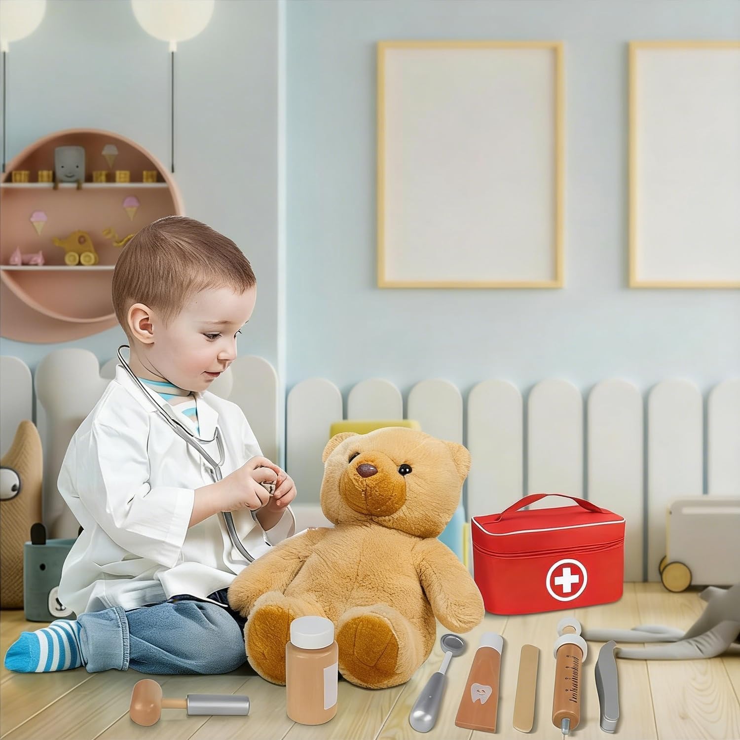 Wooden Doctor Play Set with Stethoscope, Coat and Carry Bag